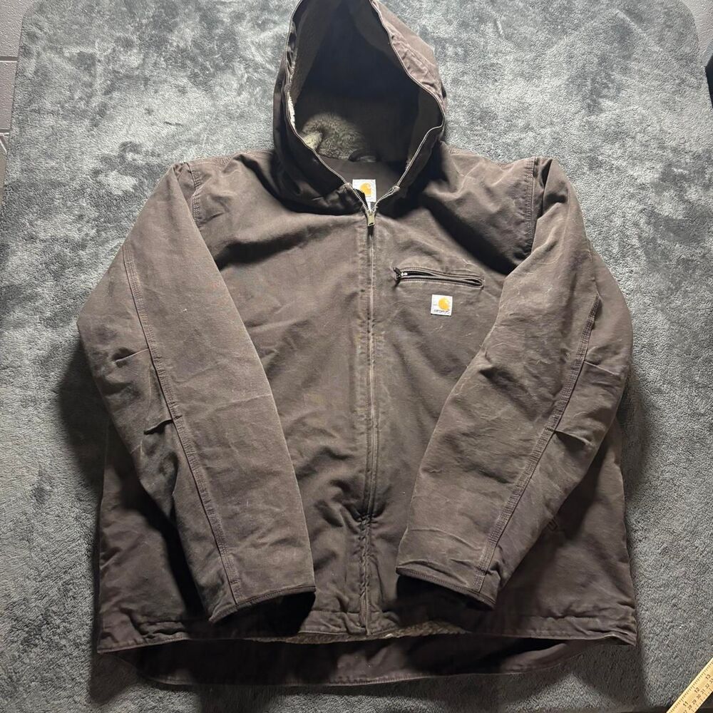 Carhartt Jacket Mens 3XLT Brown Sherpa Lined Hooded Canvas Work Coat